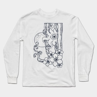 Full Moon Starfish Sakura Retro Black Colored Line Art Long Sleeve T-Shirt